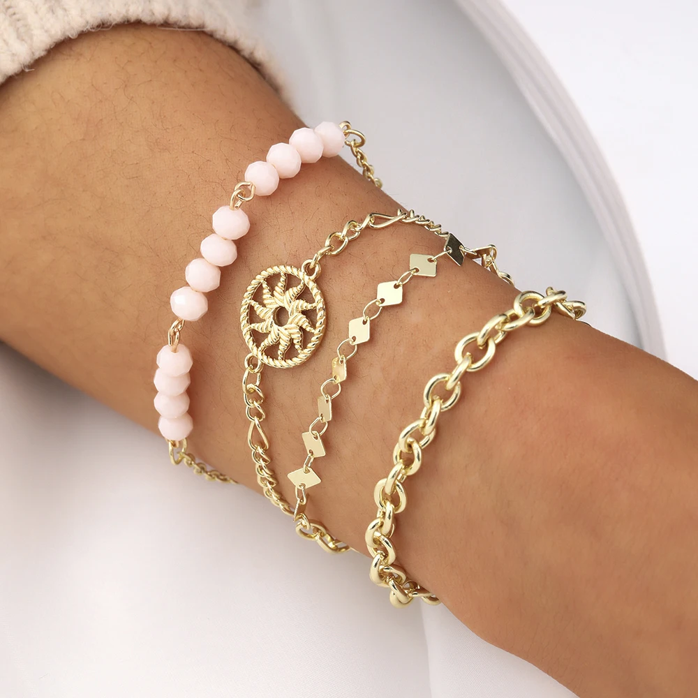 

Pink Crystal Beads Pearl Classic Bracelet Set For Women Gifts Party Wedding Summer Beach Crystal Charm Bangle Boho Jewelry