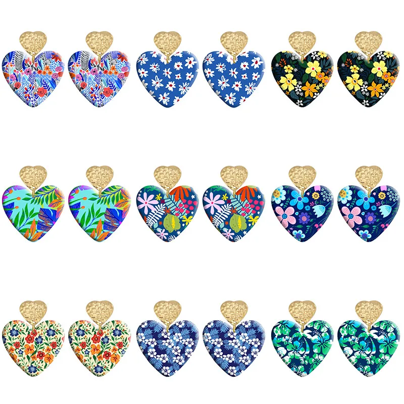 

Pretty Flower Pattern Love Acrylic Heart Hook Earrings For Women Piercing Ear Drop Dangle Jewelry R1240