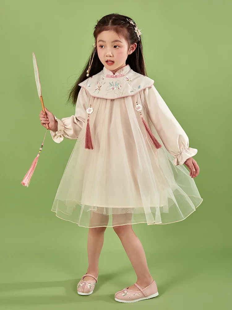 

`Baby Girls Dresses 4Y 9Y Pink Han Fu Chinese Style Full Sleeve Embroidery Gauze Princess Wear 100cm 150cm Kids Cute Clothes