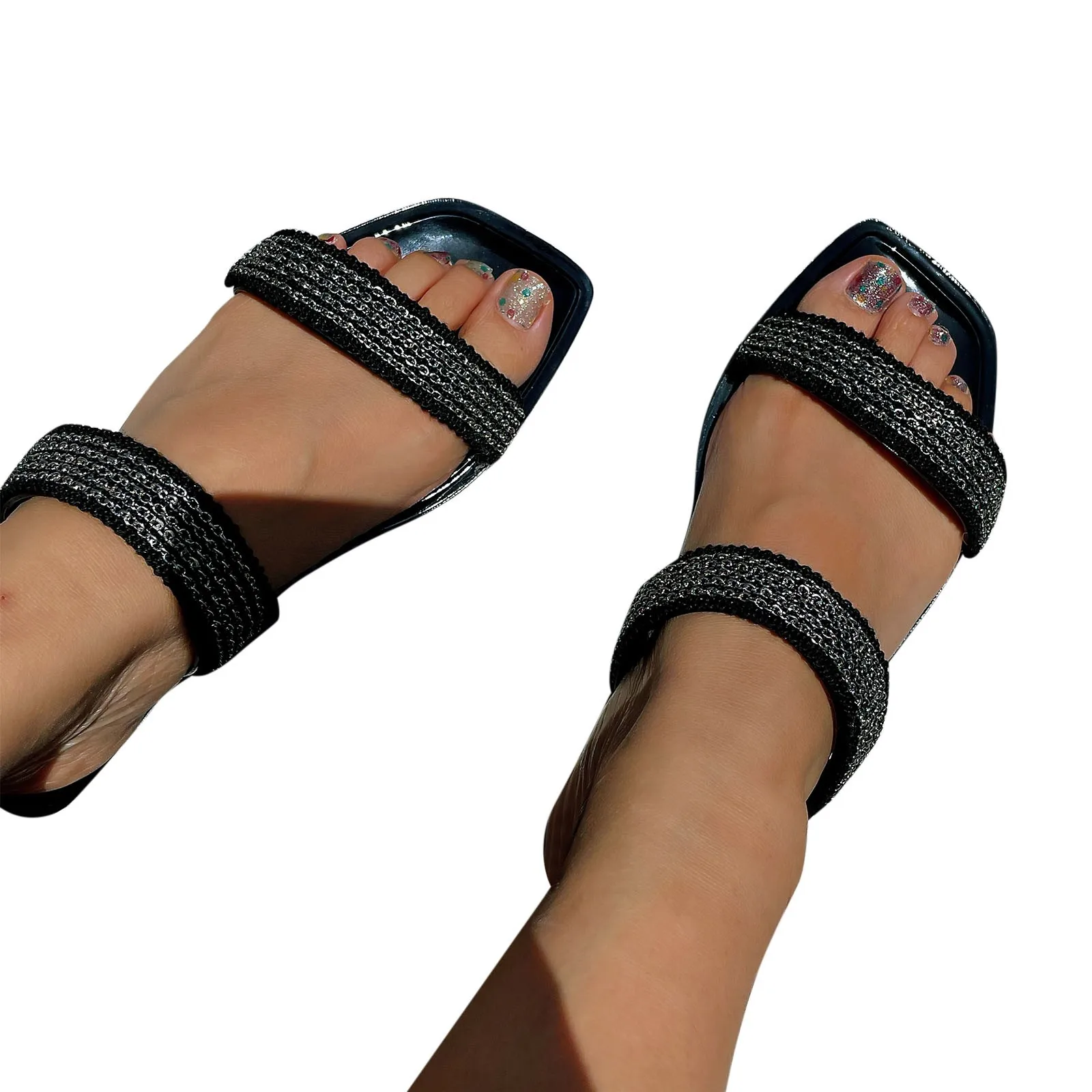 

Womens Furry Slippers Memory Foam Womens Shoes Summer Slippers Metal Chain Square Toe Slippers Fashion Flat Metal
