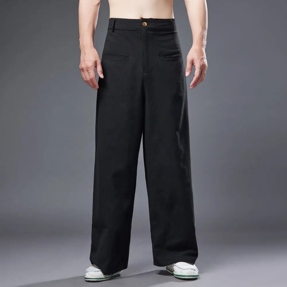 Men's ethnic Streetwear Loose Casual Wide Leg Pants Men's Black Blue Men's Clothing cotton linen Summer breathable Trousers