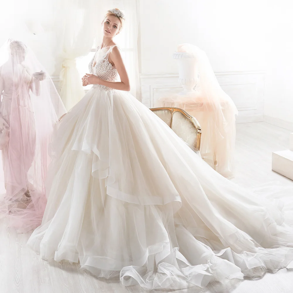 

Elegant V Neck Ball Gown Wedding Dress 2023 Bridal Formal Wear Beading Lace Applique Layers Ruffle Bride Gala Custom Made Woman