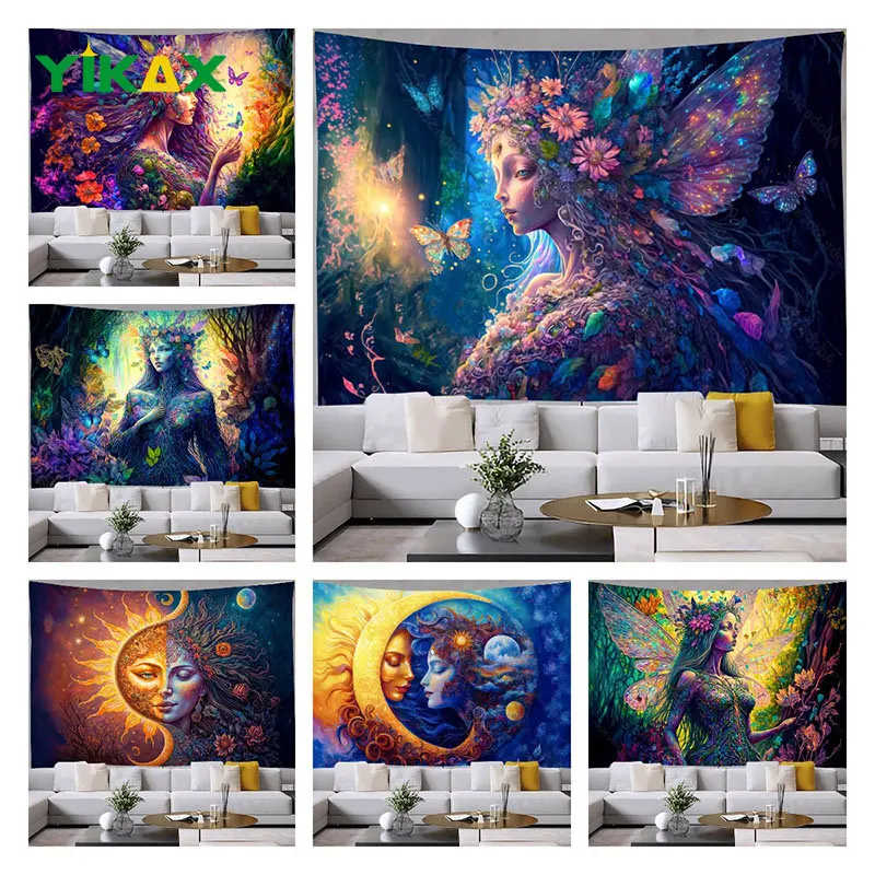 

Butterfly Girl Tapestry Home Wall Hanging Cloth Sun And Moon Kawaii Girl Aesthetic Living Room Study Bedroom Decor Tapestries