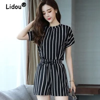 striped fashion suit female summer 2022 new short sleeved top casual shorts two piece set korean style outwear home clothes