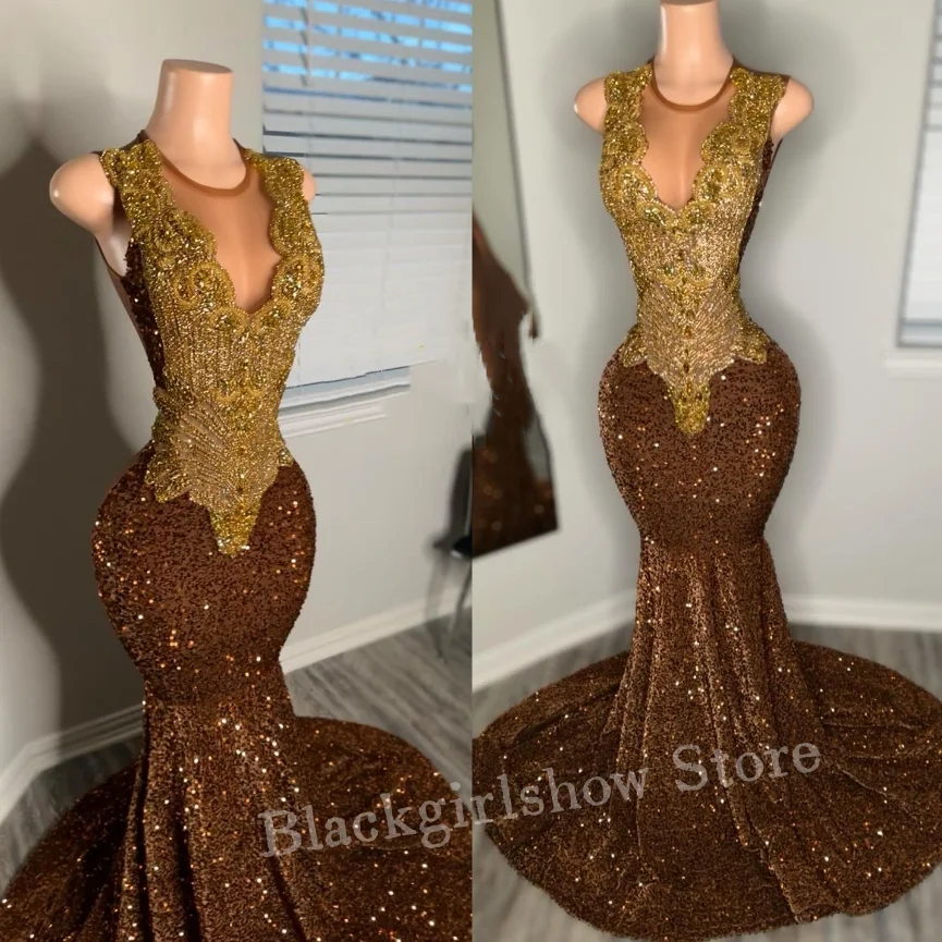 Сверкающее золотисто-коричневое длинное платье для выпускного вечера женщин
