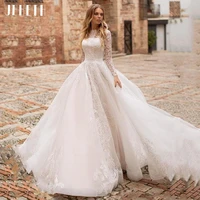 jeheth elegant long sleeve lace a line wedding dresses with buttons back appliques bridal gowns court train vestido de novia