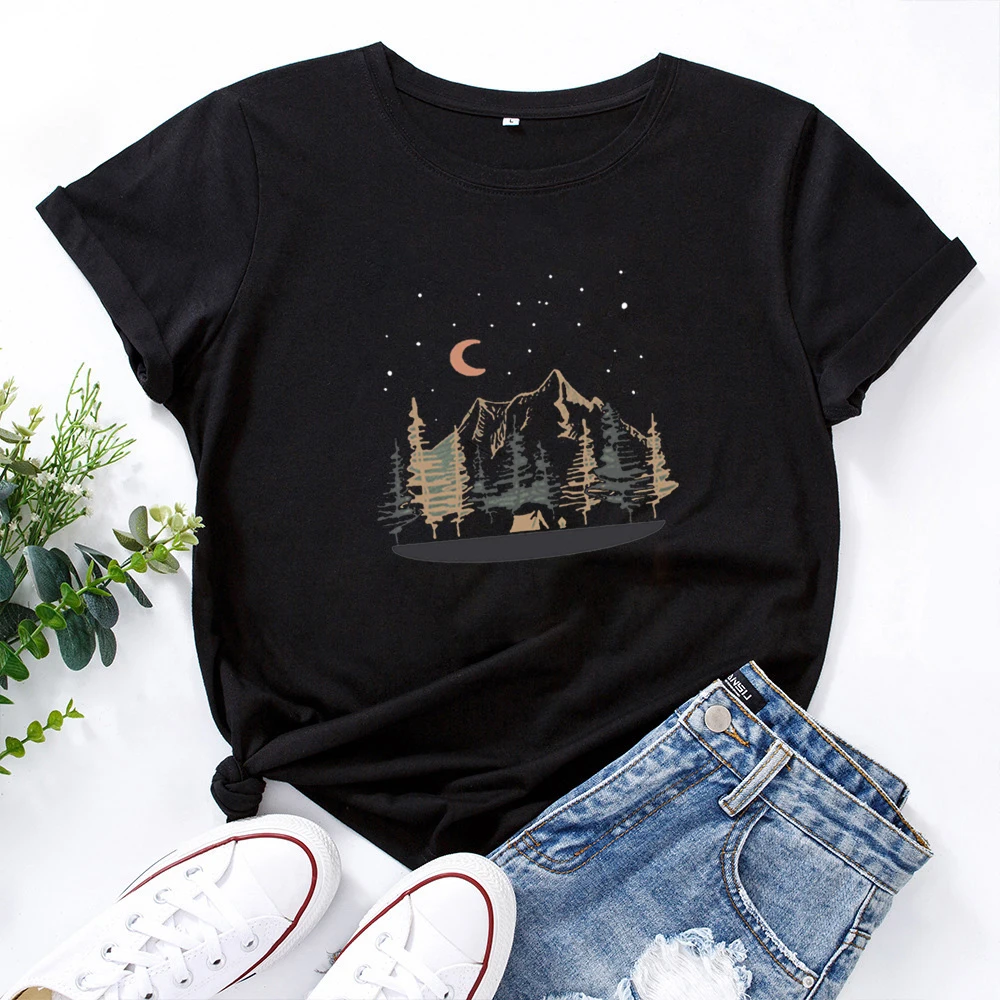 

Fashion Womens T-shirts Round Neck Casual Cotton Summer Women Tee Shirt Crescent Moon Star Graphic Women T Shirt