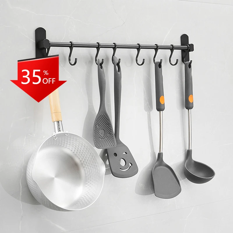 

40cm Long Punch Free Bathroom Towel Rack Kitchen Bedroom Door Back Coat Hook Black Kitchenware Key Bag Organizer Hook