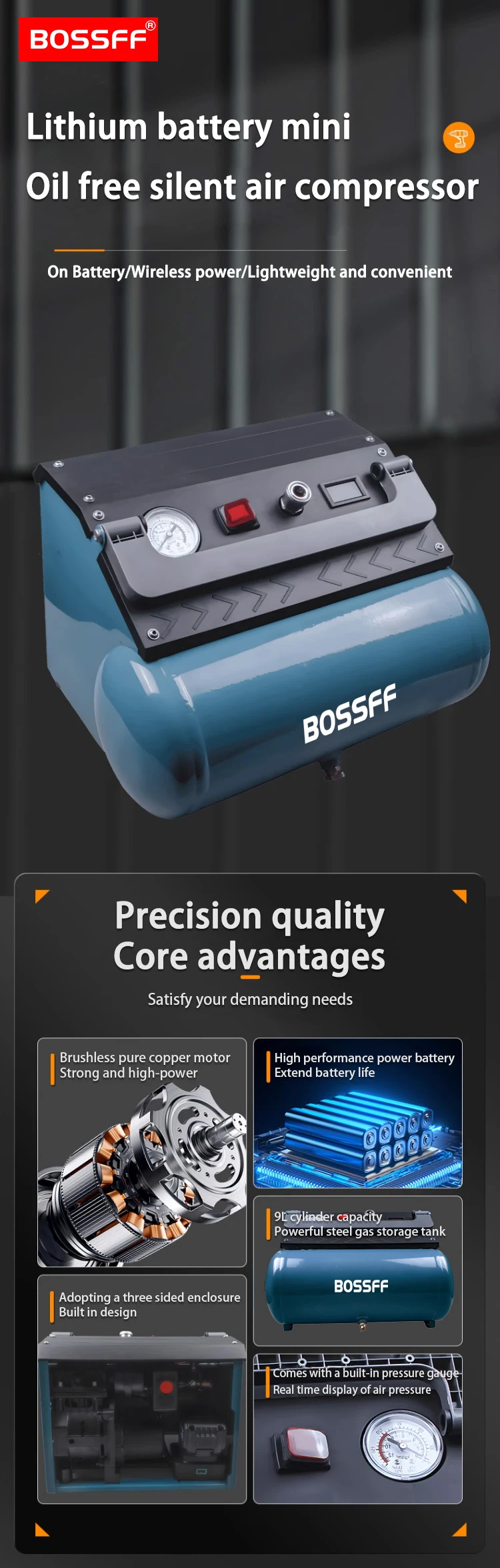Воздушный компрессор 9 л 7 5 бар тихий чистая медь бесщеточный беспроводной