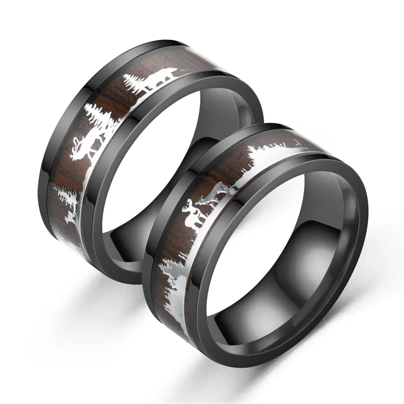 

Sinogaa Stainless Steel Black Wood Rings New Christmas Tree Deer Rings For Women Men Christmas Gift 8mm Fashion Ring Jewelry