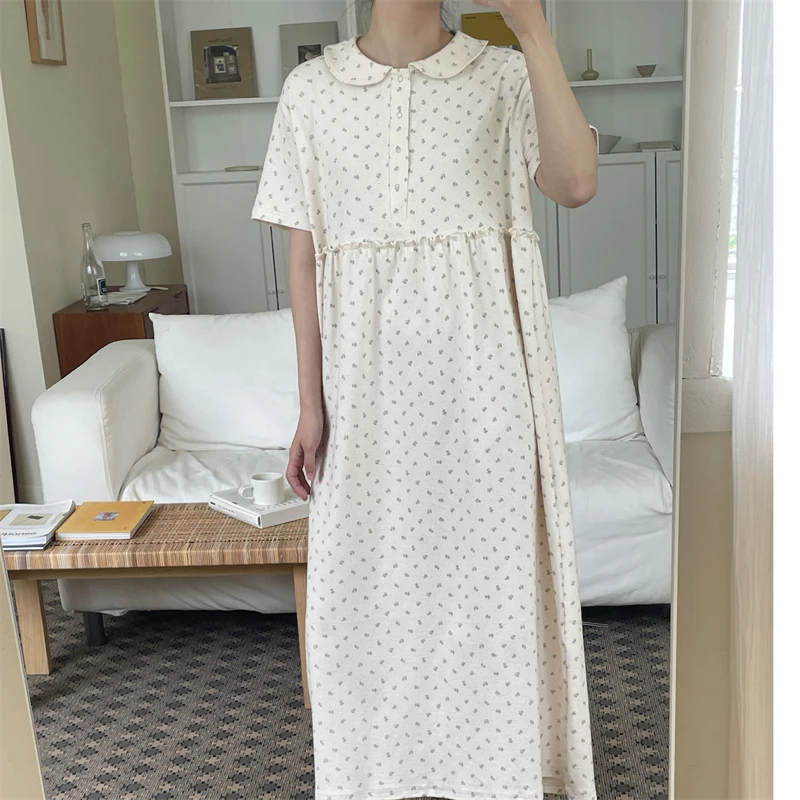 

Vintage Printed Summer Nightgown Women Peter Pan Collar Long Sleepwear Casual Cotton Night Dress Buttons Short Sleeve Sweet