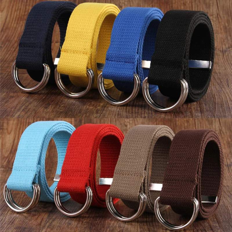 Fashion Unisex Couple Canvas Belt Plain Webbing Waist Belt D Shaped Double Ring Buckle Casual Long Waistbands Alloy Buckle Nylon