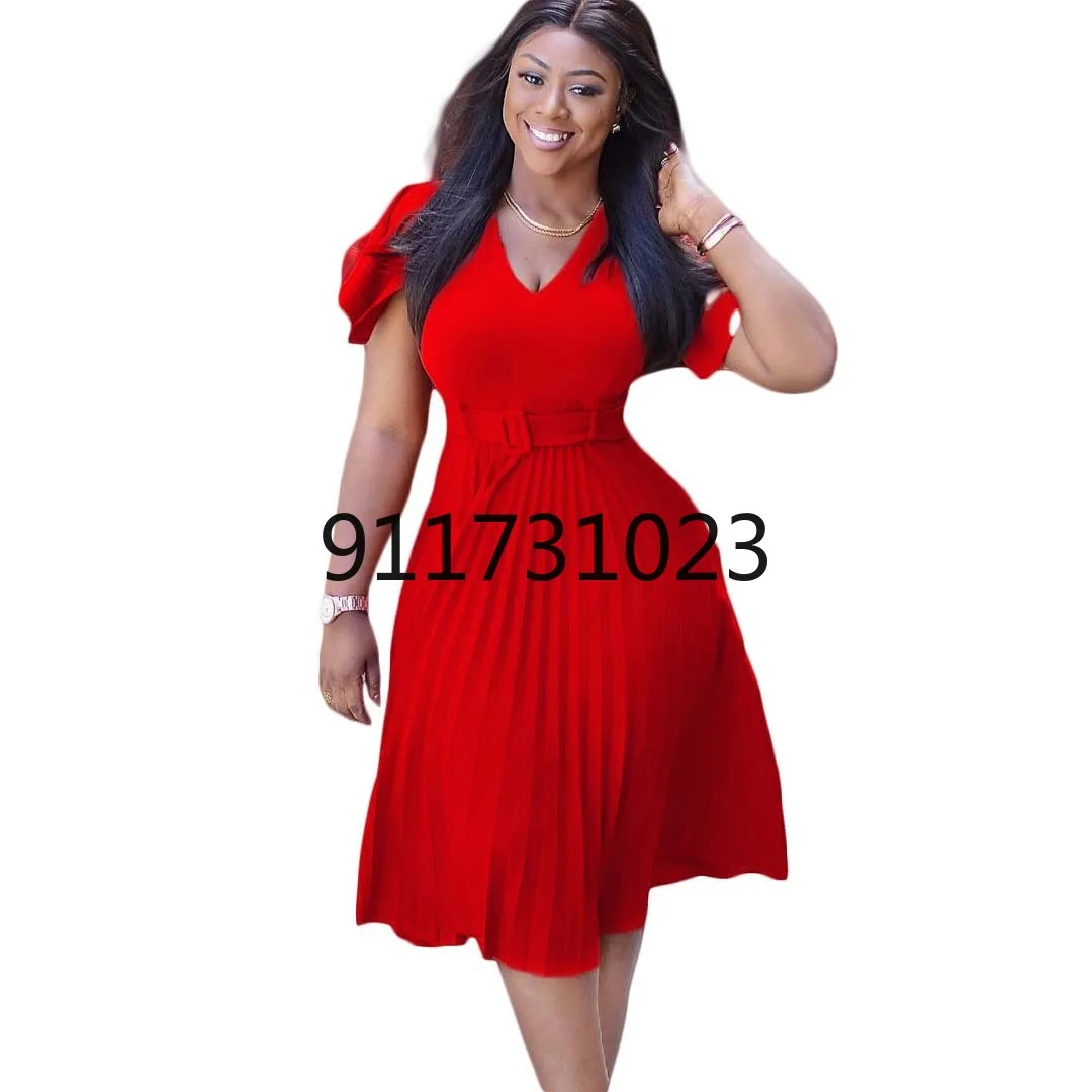 

Women Pleated Dresses High Waist Short Sleeves A Line Modest African Office Ladies Work Wear Date Elegant Classy Robes Vestidos