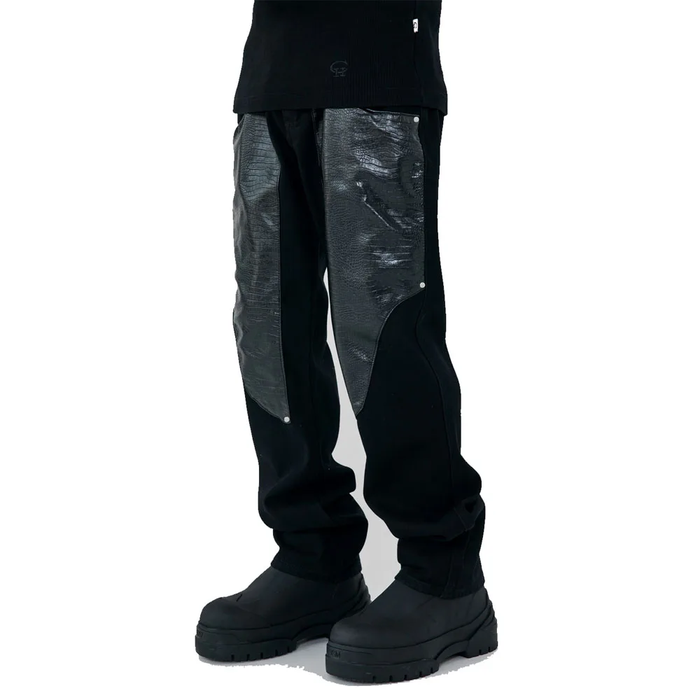 

Men's Leather Splice Washed Loose Casual Straight Trousers Hipster Male Streetwear Hip Hop Fashion Vibe Style Pants Unisex