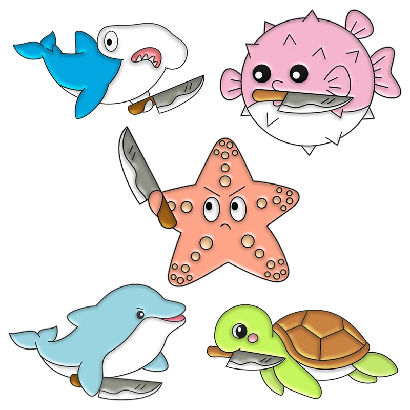 

Cute Killer Enamel Pin Marine Animal Brooch Dolphin Puffer Fish Shark Starfish Turtle Collar Badge Jewelry Gift for Friend Kids