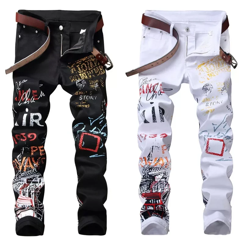 

NEW IN Street Fashion Mens Jeans Night Club Black White Color Personal Designer Printed Jeans Men Punk Pants Skinny Hip Hop Jean