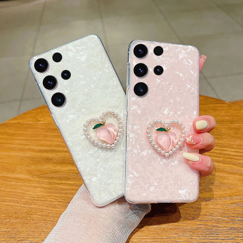 

Diamond Inlay Heart shaped peach Phone Case For Samsung Galaxy S22 Plus S22 Ultra Transparent silicone Back Cover phone shell