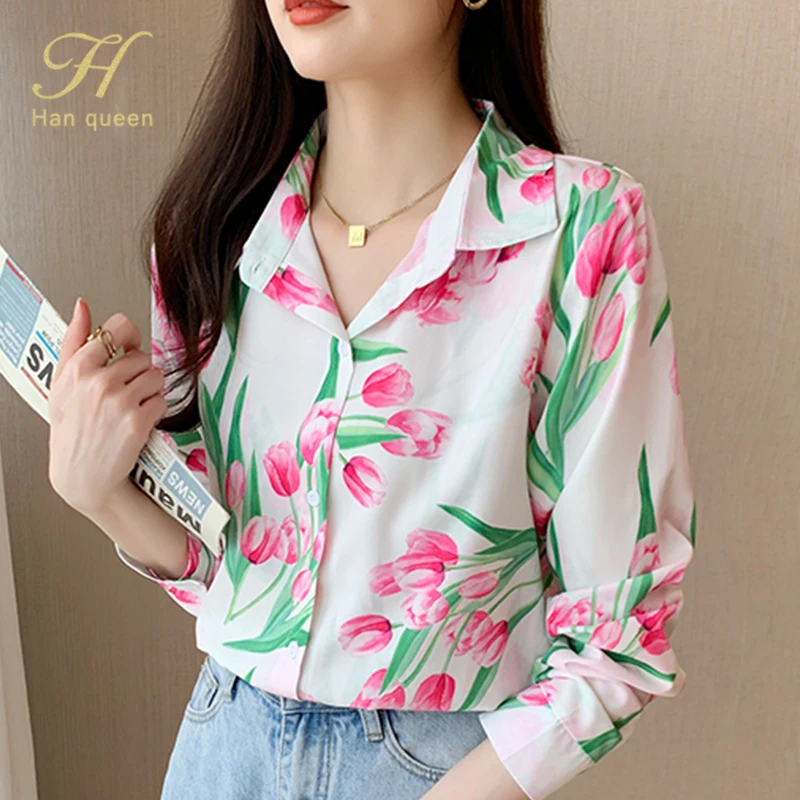 

Новое поступление 2023, простые осенние Блузы H Han Queen, Женские винтажные повседневные топы, шифоновая блузка, элегантные свободные деловые рубашки с принтом