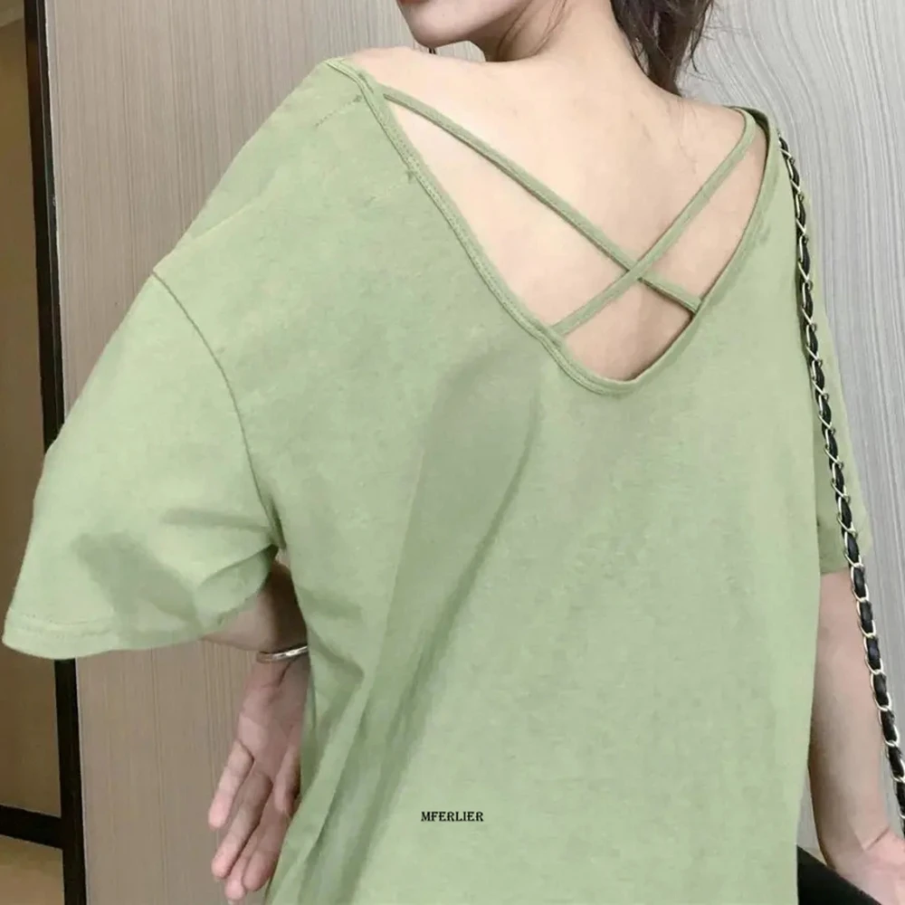 

Plus Size 6XL 150KG Large White t shirt Backless Short Sleeve korean style Summer clothes for women Ladies Tops