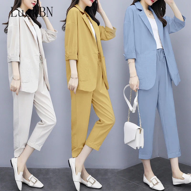

Fashion Casual Suit Suit 2022 New Spring Summer Large Size 4XL Women's Solid Color Slim Fit Nine-point Pants 2-piece Trend Black