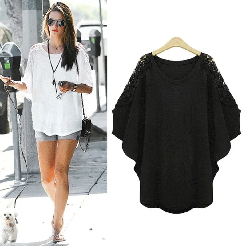 

Short-sleeved T-shirt Female Summer New Loose Fat MM Bottoming Shirt Lace Stitching Top Women Bat Sleeve Top Plus Size M-6XL