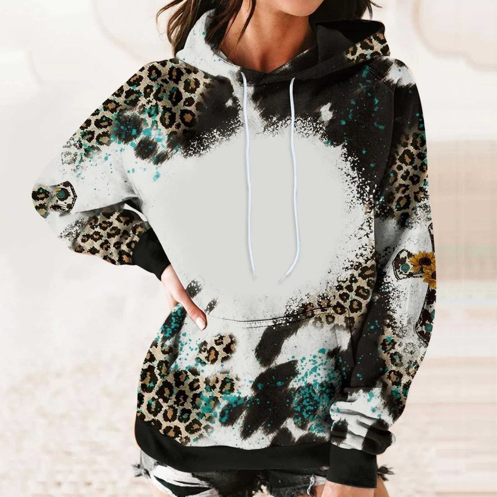 

Women Hoodie Sweatshirt Tops Women Patchwork Print Drawstring Hooded Plain Color Hoodies Women Quarter Zip Jacket Women