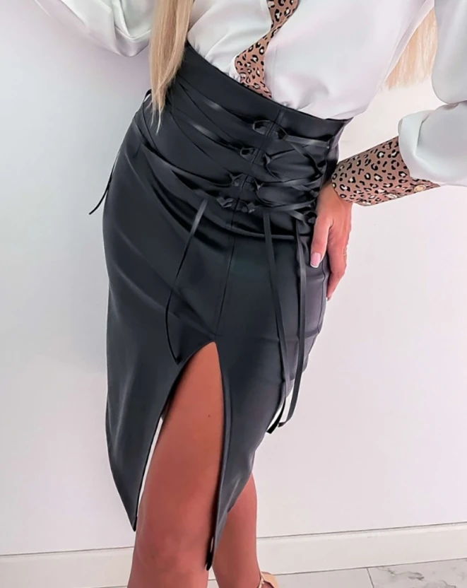 

Women's Skirt Summer Fashion Pu Leather Slit Lace-Up Casual High Waist Plain Skinny Daily Midi Skirt Y2K Streetwear