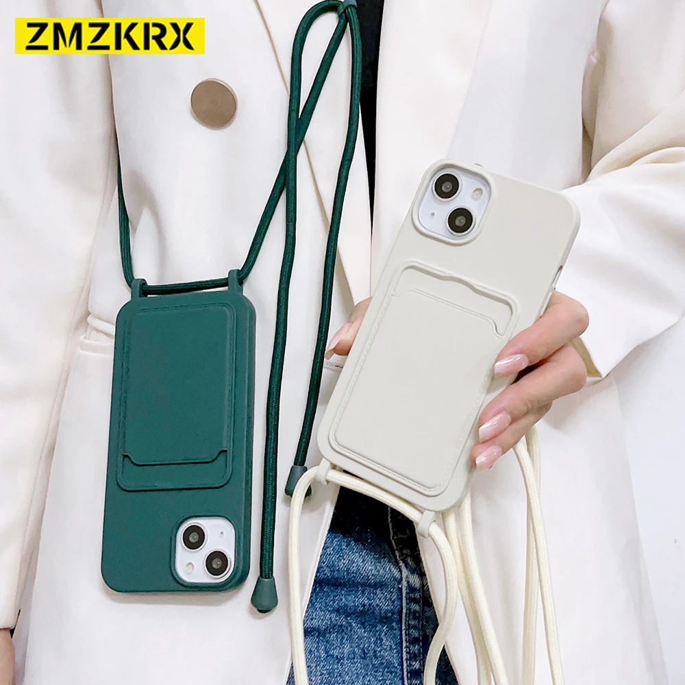 

Crossbody Lanyard Cord Rope Card Slot Wallet Phone Case For iPhone 13 11 12 14 Pro Max X XR XS 7 8 Plus SE Liquid Silicone Cover