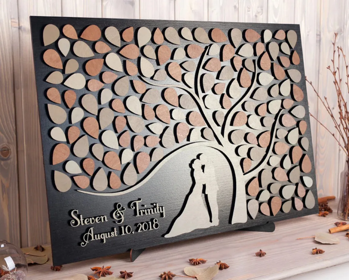 Tree of Leaves Wedding Drop Box 3D Guestbook,Wooden Sign Couple Silhouette Wedding Guest Book,Alternative Theme Bride Groom Book