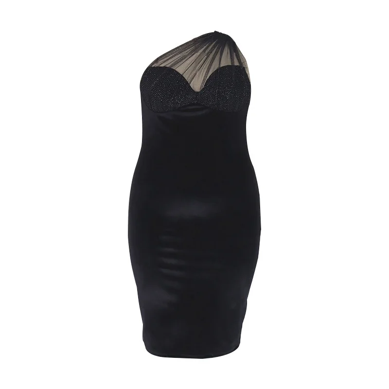 Plus Size African Dresses Women 2023 Summer Sexy One-shoulder Dress Perspective Velvet Mesh Slim Office Party Midi Dress