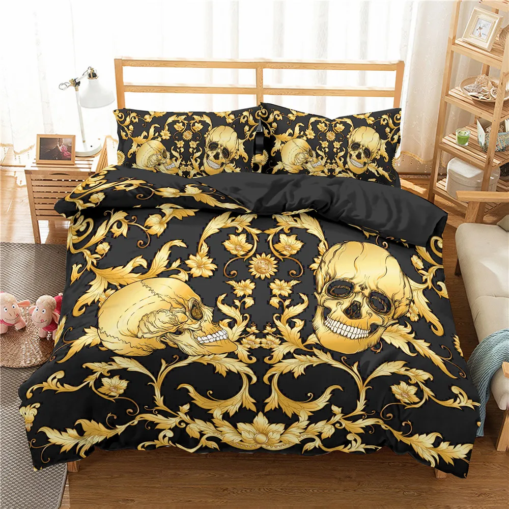 

Set 2/3 Pcs Luxury Polyester Duvet Cover with Pillowcase Single Twin Double Full 3D Skull Flower Bedding Queen King Size
