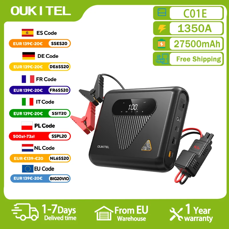OUKITEL C01 Car Jump Starter 1350A Peak Current 27500mAh High Capacity Sodium-ion PD60W Fast Charging Car Emergency Power Bank