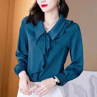 new fashion woman blouses 2022 korean satin ladies elegant ruffles office top shirts autumn solid color long sleeve basic shirts