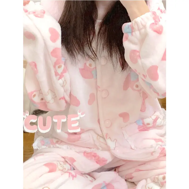 

Sanrio Kawaii My Melody Anime Cartoon Two-Piece Pajamas Girls Winter Coral Fleece Outer Thicken Homewear