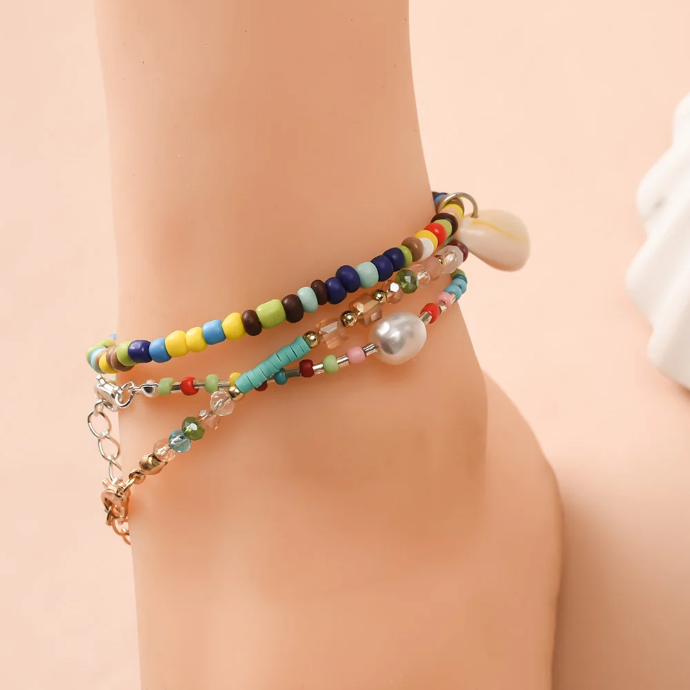 

New Fashion Bohemian Colorful Beads Choker Anklets Women Summer Ocean Beach Shell Pearl Anklet Bracelet Gold Color Foot Chains