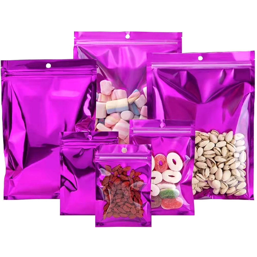 

1000Pcs/Lot Zip Lock Candy Gift Nuts Cookies Storage Pouches Clear Purple Aluminum Foil Tear Notch Self Seal Bag with Hang Hole