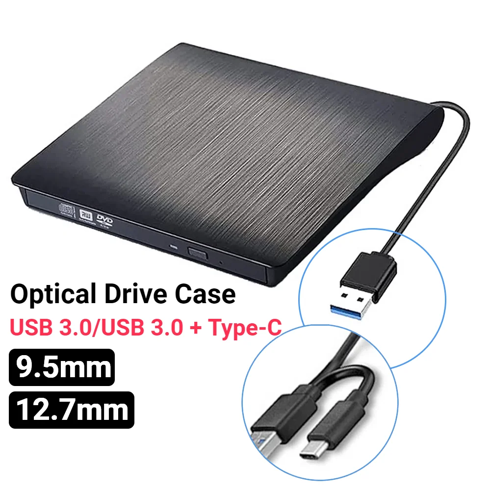 Фото Оптический привод USB 3,0/USB 3,0 + Type-C, тонкий внешний корпус для DVD, SATA на USB, CD, ROM, коробка с отверстиями USB на SSD, 9,5 мм/12,7 мм №1