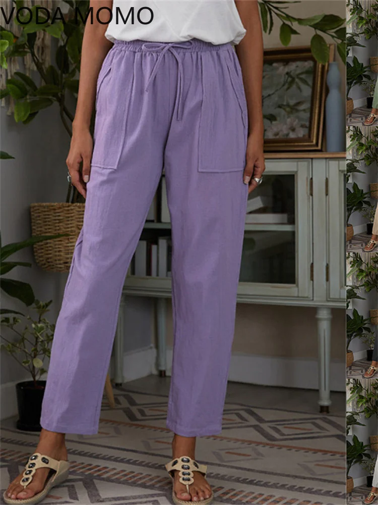 

harajuku summer cotton linen high waist Women's harem Capris pants for women baggy lace up purple pants woman trousers