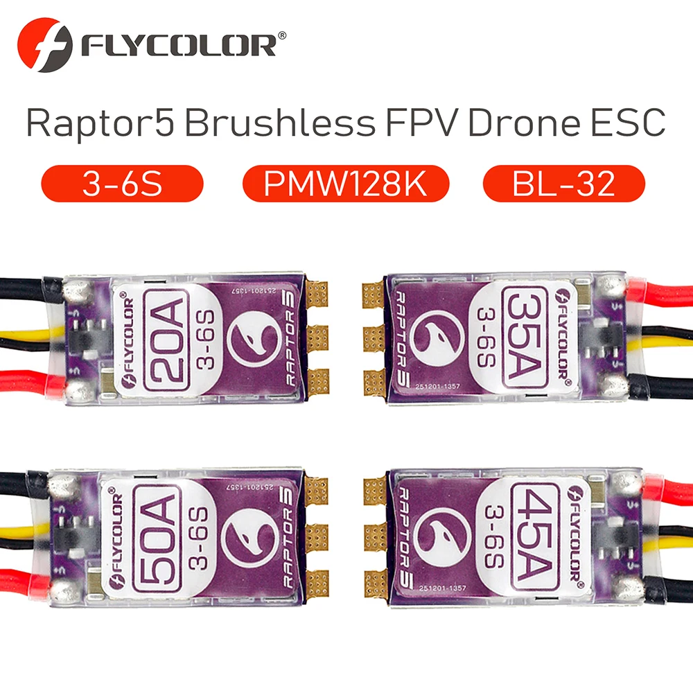 Бесщеточный ESC 3-6S Дрон FLYCOLOR Raptor5 ESC 32Bit G701 PWM 128K Single 20A 35A 45A 50A ECS Dshot Proshot для гоночных дронов с видом от первого лица