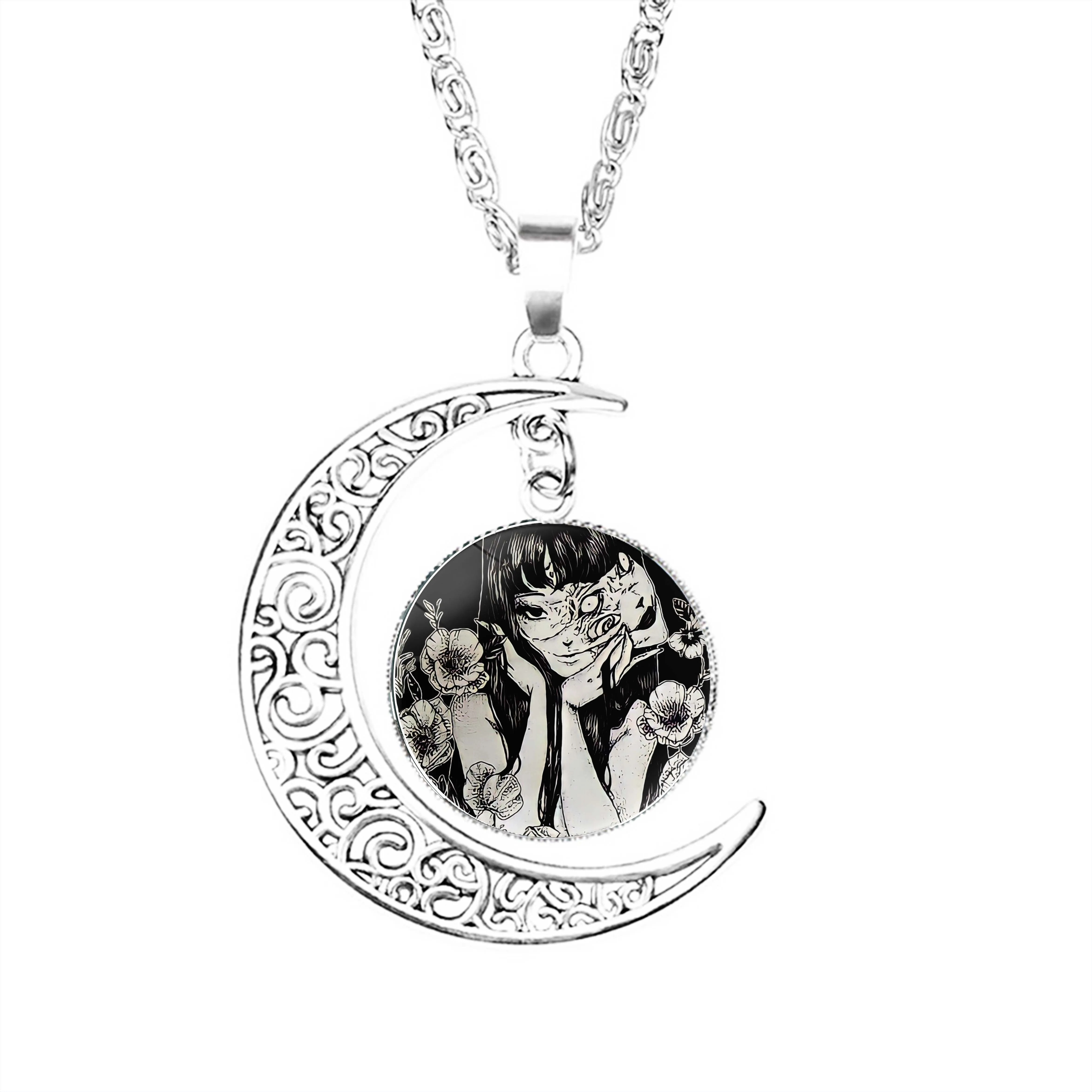 

Tomie Junji Ito Unique Art Moon Necklace Boy Stainless Steel Charm Glass Gifts Fashion Crescent Jewelry Chain Lady