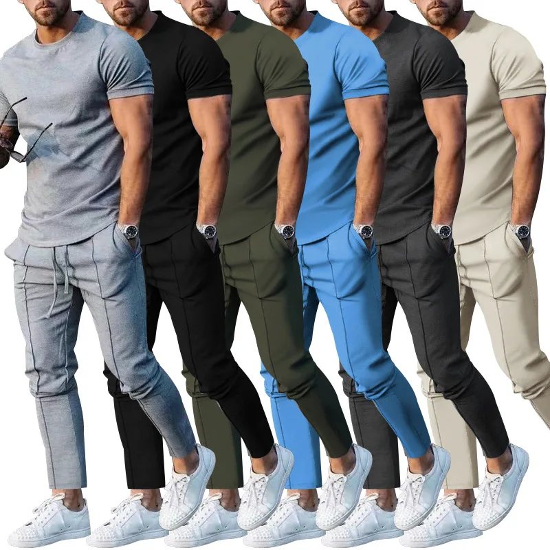 

European and American foreign trade men's suit summer short-sleeved T-shirt casual sports fashion men's trousers suit M-3XL