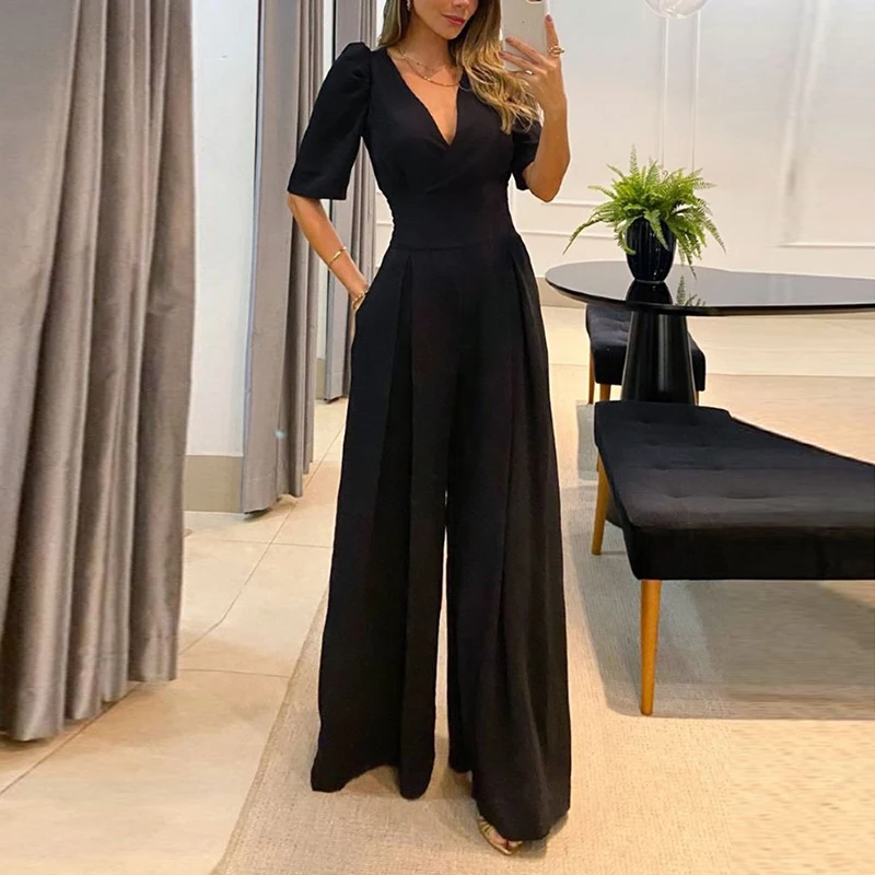 

Women Sexy V-neck Office Jumpsuits Elegant Half Sleeve Wide Leg Pants Romper Office Fashion Back Lace-up Solid Playsuit Overalls