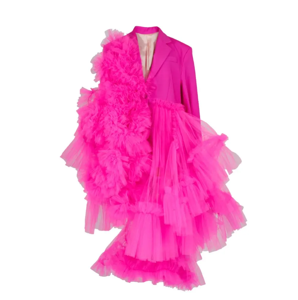 

Unique Hot Pink Ruffles Tulle Trim Blazer Dresses Full Sleeves Mid Calf Asymmetrical Ruched Tutu Female Maxi Dresses