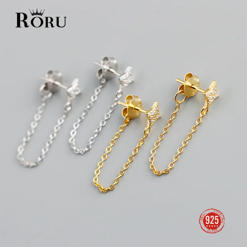 

RORU 100% Real 925 Sterling Silver Crystal Star Tassel Chain Stud Earrings For Women Party Jewelry Romantic Ear Studs Girls Gift