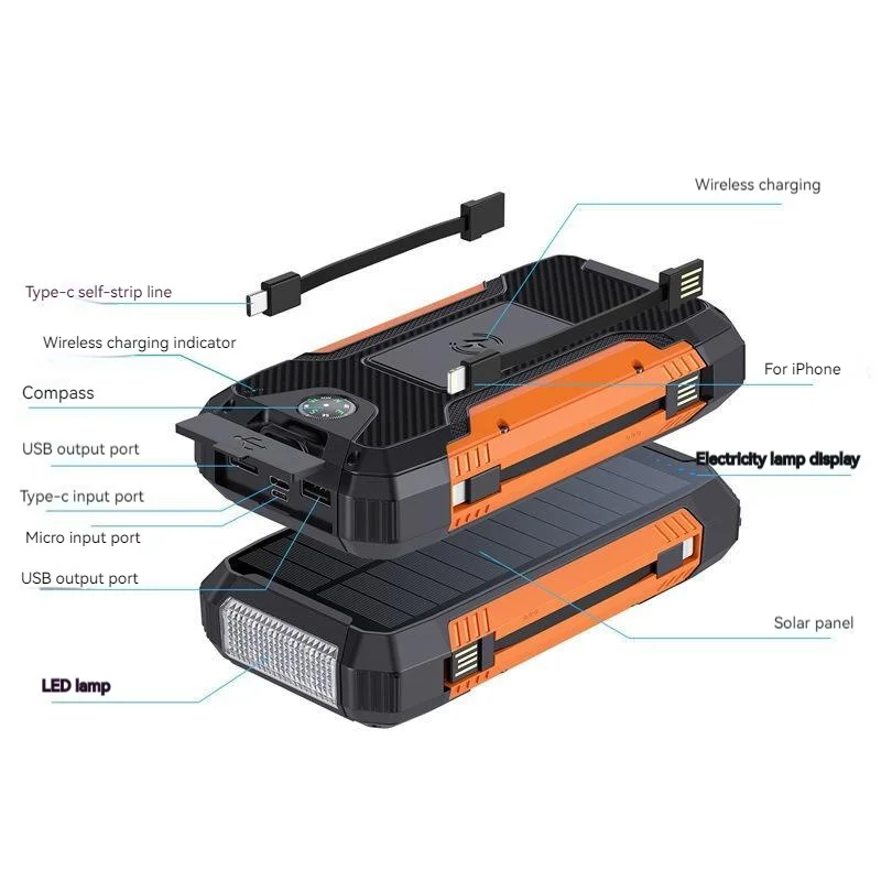 36800mAh Solar Power Bank Quick Charger Outdoor Powerbank External Battery Wireless Charging Backup Led Light Built In Cables