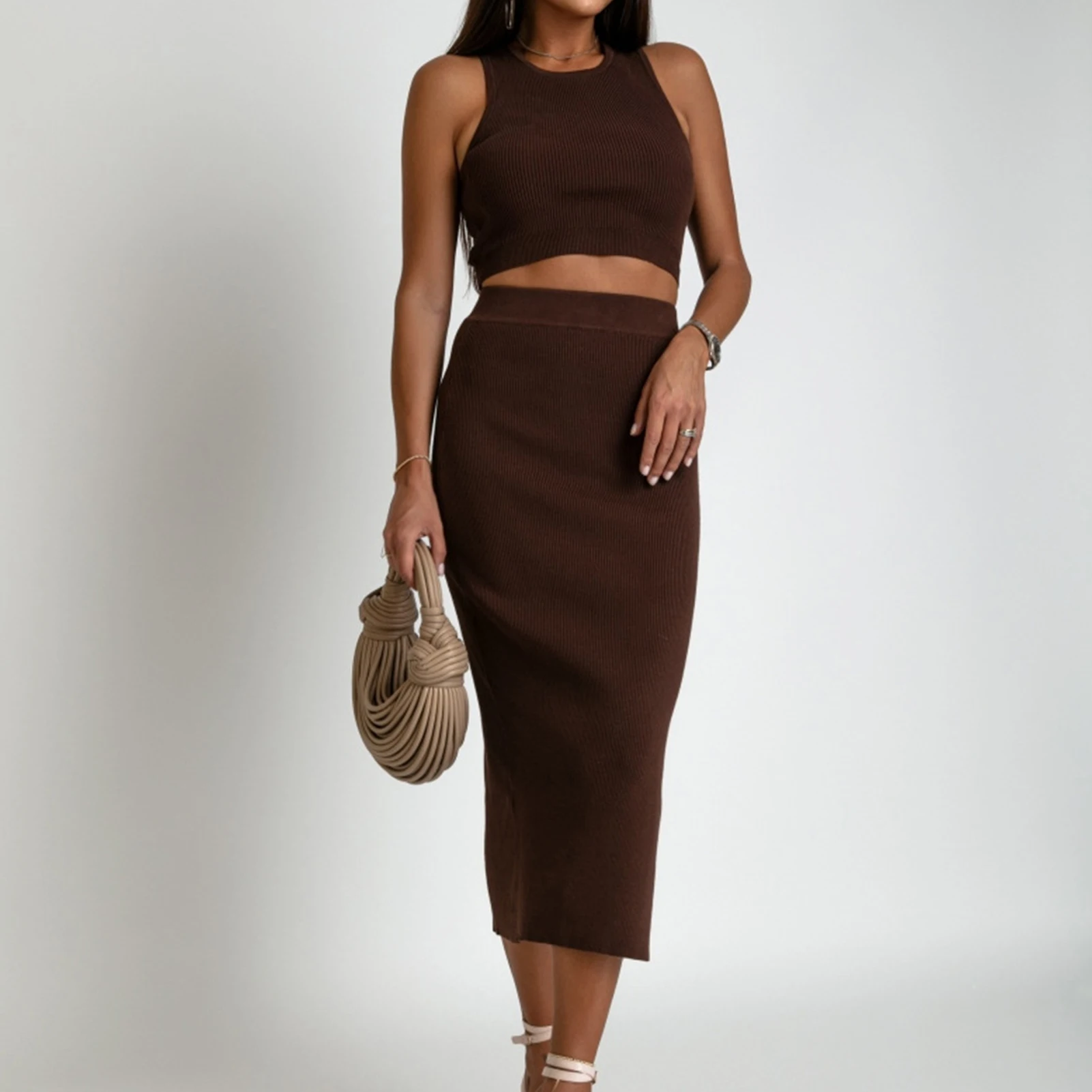 

Женский пикантный комплект из двух предметов, однотонный жилет с круглым вырезом без рукавов, простой облегающий костюм из 2 предметов, популярный костюм для девушек, повседневные Модные наряды