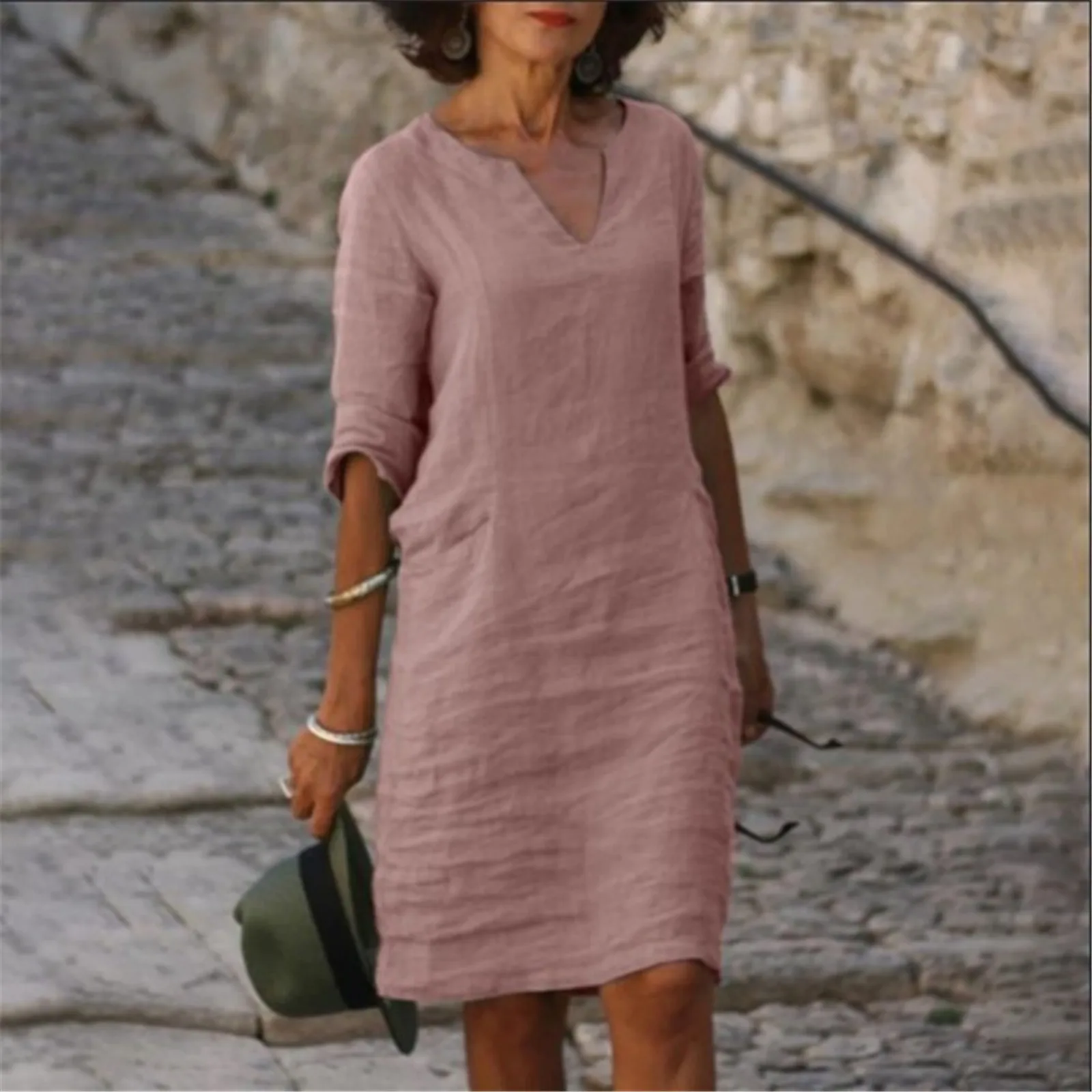 

2022 Casual Women Summer Solid Color Short Sleeve Baggy Beach Shift Kaftan Midi Dress 2022 New O Neck Elegant Loose Midi Dresses