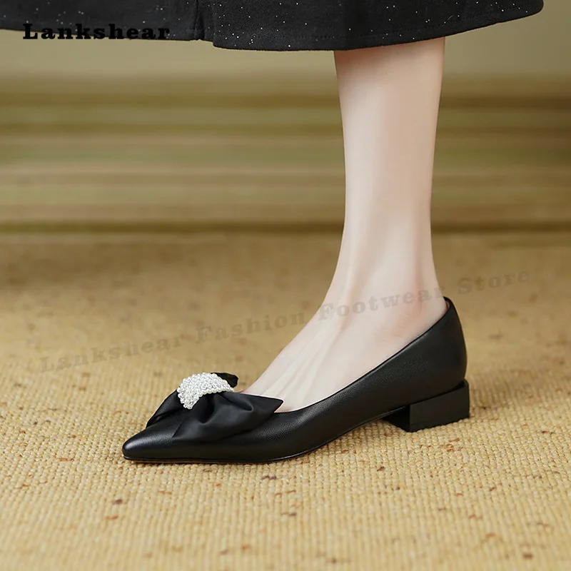 2022 New Ladies Fashion Low Heels Butterfly-Knot Pearl Pumps Ladies Sexy Party Casual Shoes Spring and Summer Flats Shoes