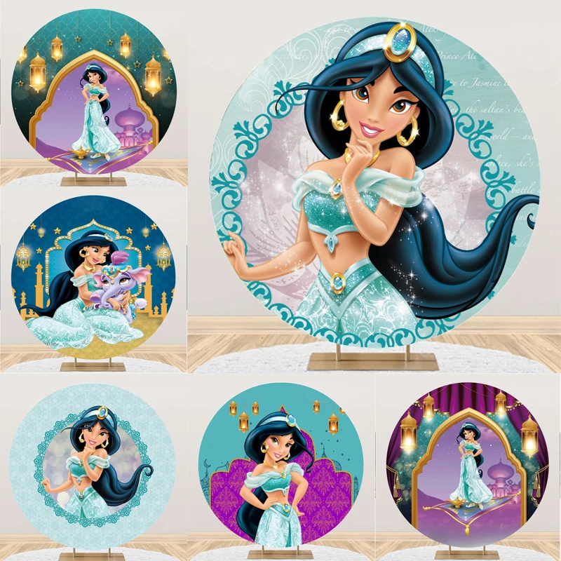 

Disney Round Jasmine Backdrop Aladdin Princess Girls Birthday Party Custom Circle Photo Background Cake Table Cover Decor Banner