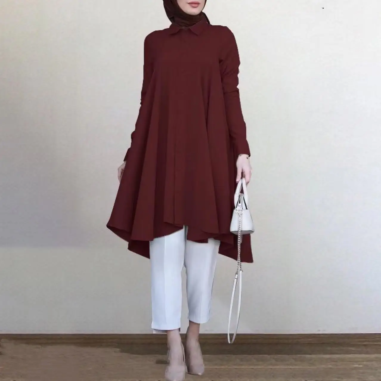 Women's Solid Blouse Muslim Fashion Long Sleeves Shirt Collar Single-Breasted Tops Middle East Islam Malaysia Lady Casual Blusas